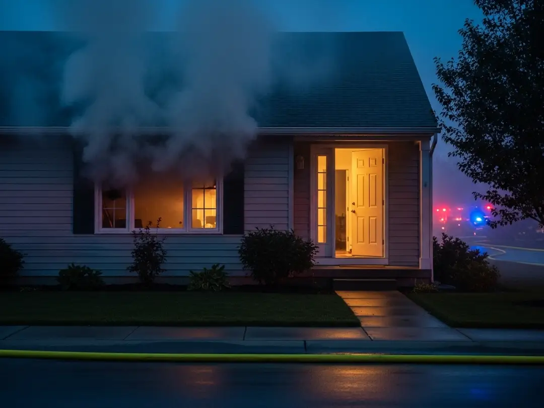 nighttime view house smoke coming window fire trucks background